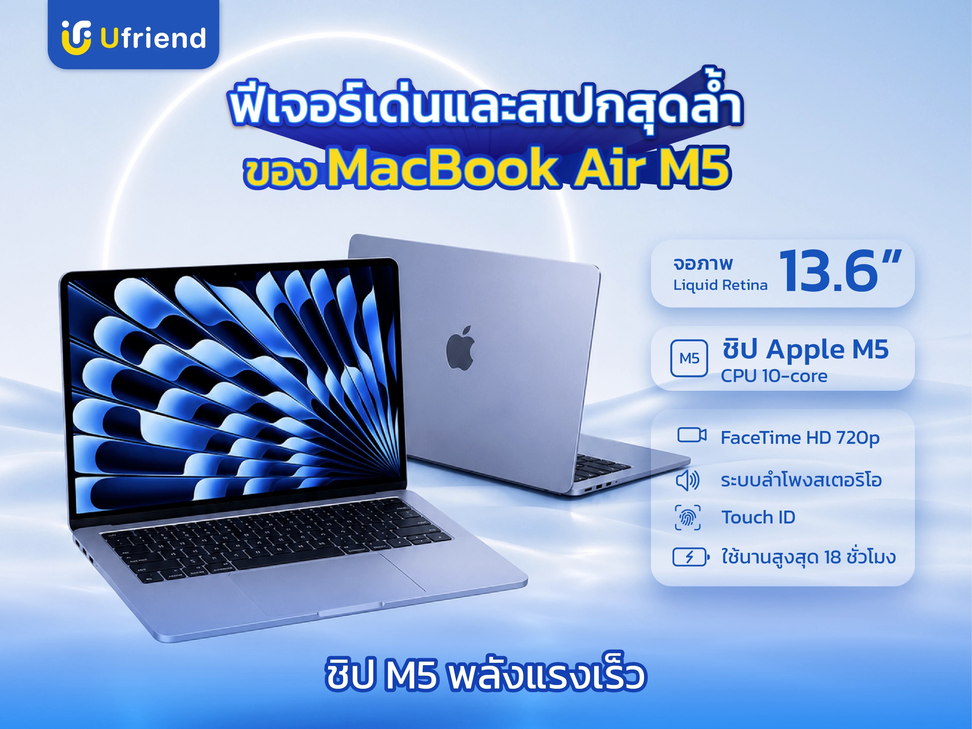 Feature และ Spec MacBook Air M5 จอ Liquid Retina 13.6 นิ้ว ชิป Apple M5 CPU 10-core Touch ID ใช้งานได้นานสูงสุด 18 ชั่วโมง