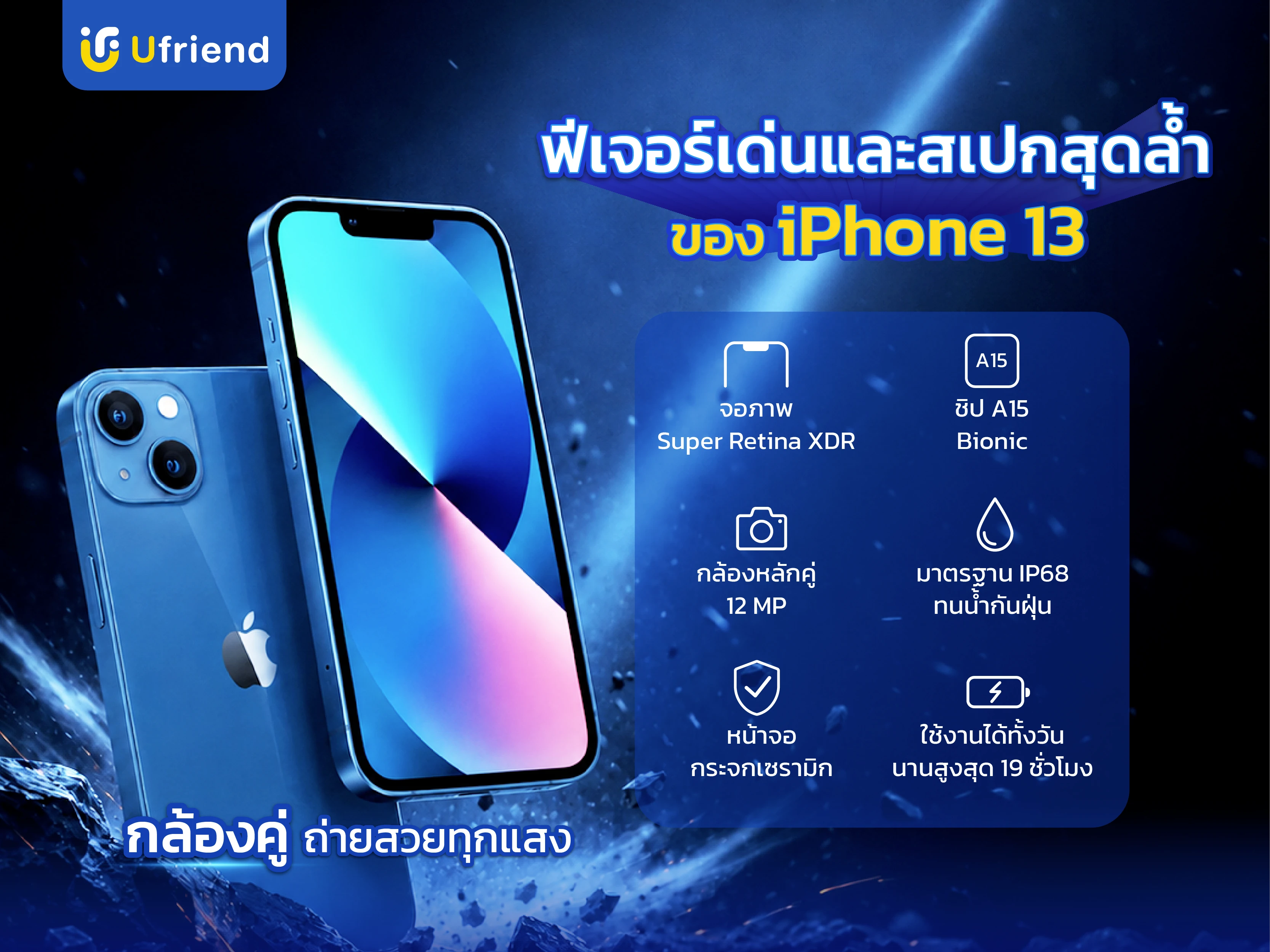 Feature และ Spec iPhone 13 จอภาพ Super Retina XDR ชิป A15 Bionic กล้องหลักคู่ 12MP กันน้ำกันฝุ่น IP68 หน้าจอ Ceramic Shield เล่นวิดีโอได้สูงสุด 19 ชั่วโมง