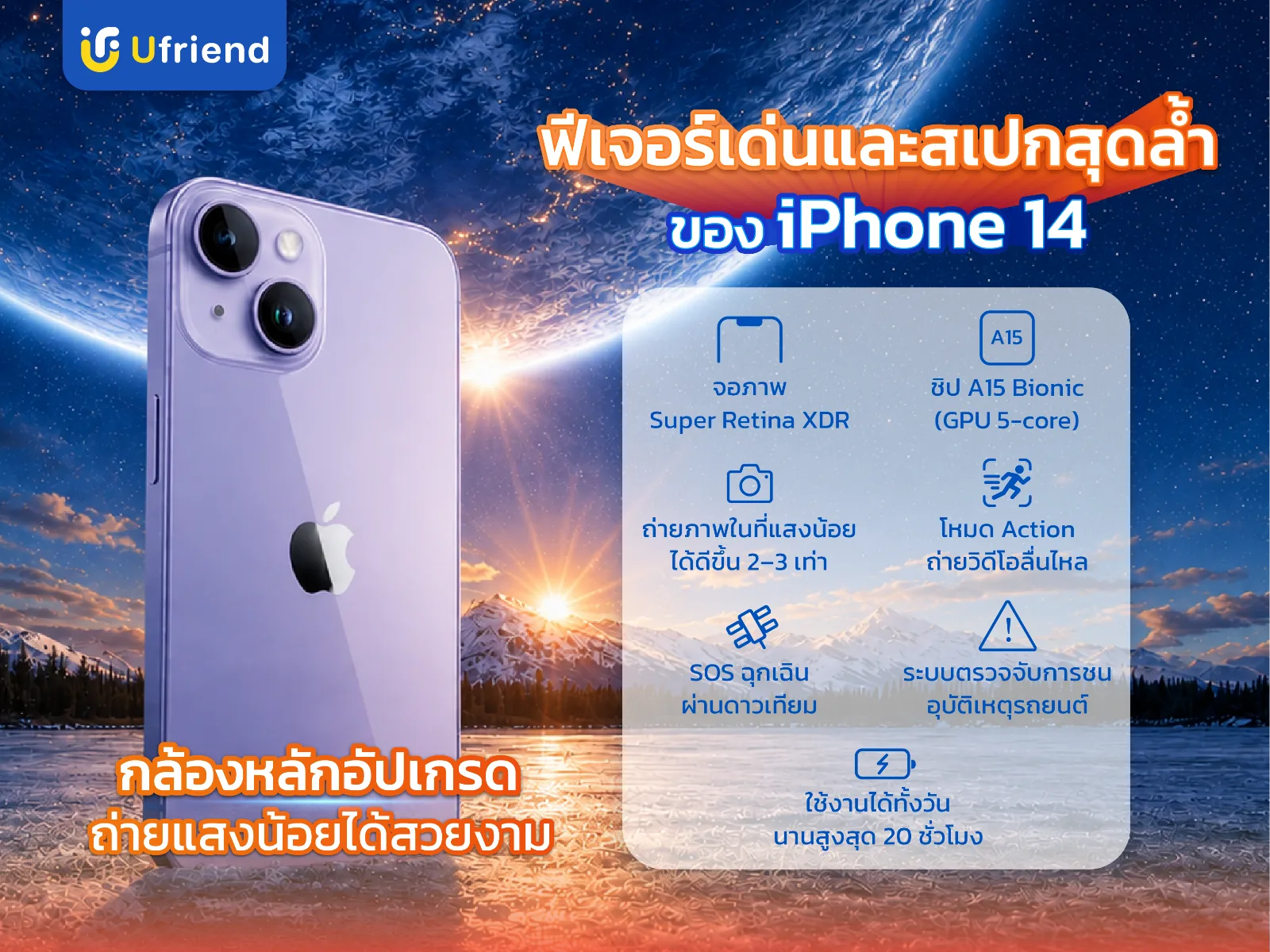 Feature และ Spec iPhone 14 จอภาพ Super Retina XDR ชิป A15 Bionic GPU 5-core โหมด Action ระบบตรวจจับการชน เล่นวิดีโอได้สูงสุด 20 ชั่วโมง