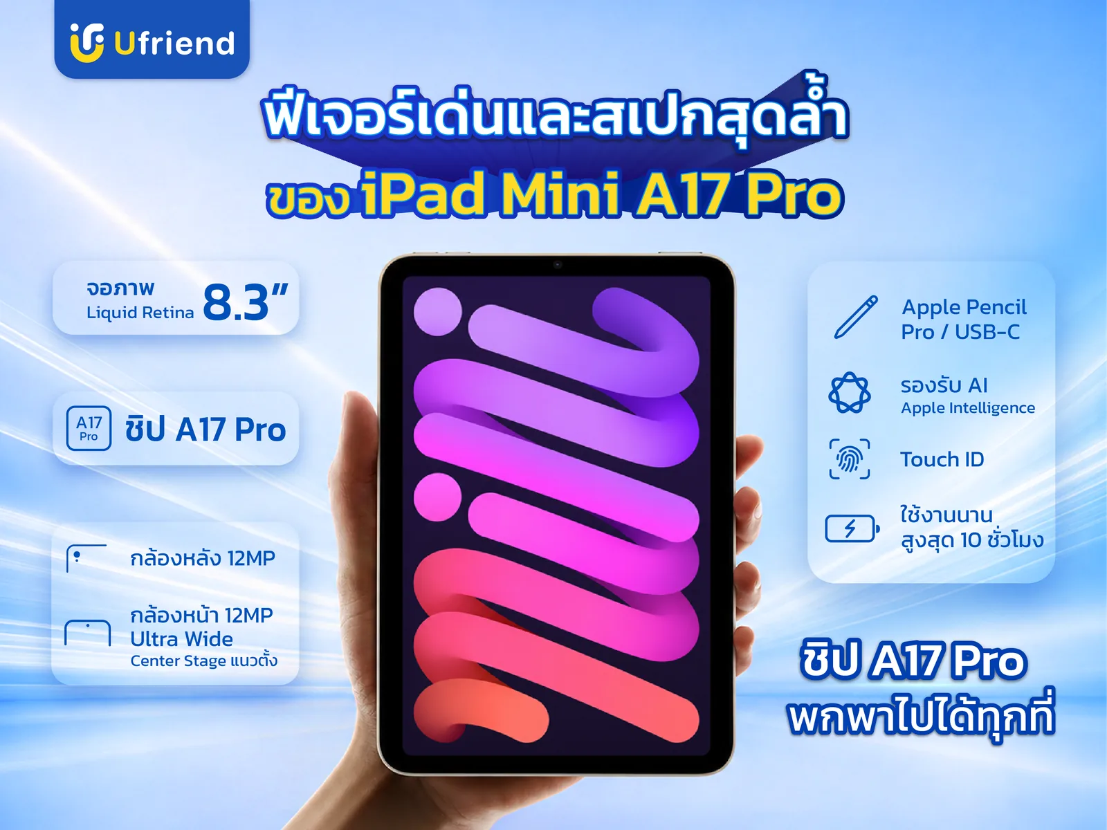 Feature และ Spec iPad mini A17 Pro จอ Liquid Retina 8.3 นิ้ว ชิป A17 Pro กล้องหลัง 12MP รองรับ Apple Pencil Pro และ Apple Intelligence ปลดล็อกด้วย Touch ID ใช้งานได้นานสูงสุด 10 ชั่วโมง
