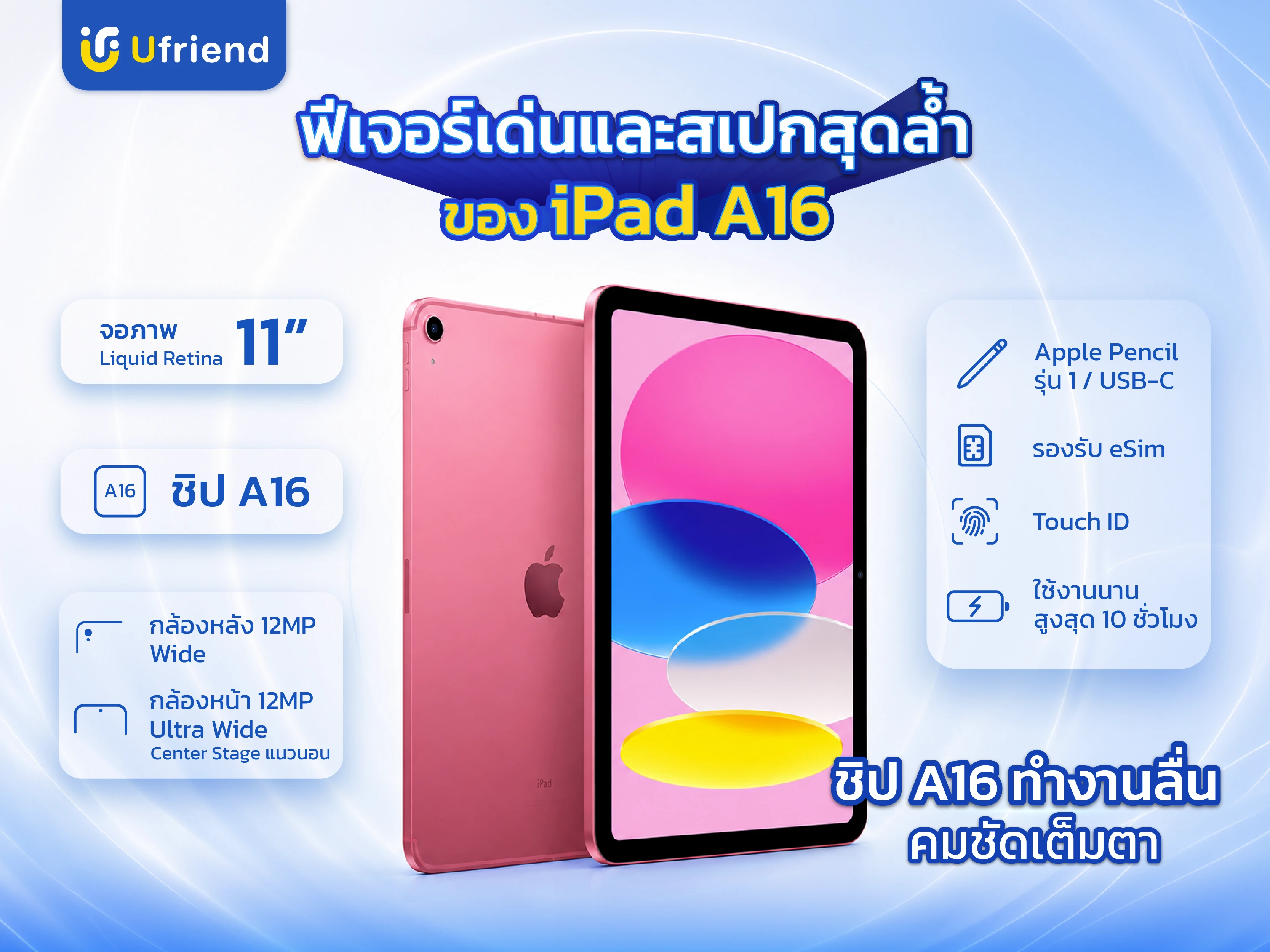 Feature และ Spec iPad A16 จอ Liquid Retina 11 นิ้ว ชิป A16 กล้องหน้า 12MP Center Stage รองรับ Apple Pencil (USB-C) และ Touch ID ใช้งานได้นานสูงสุด 10 ชั่วโมง